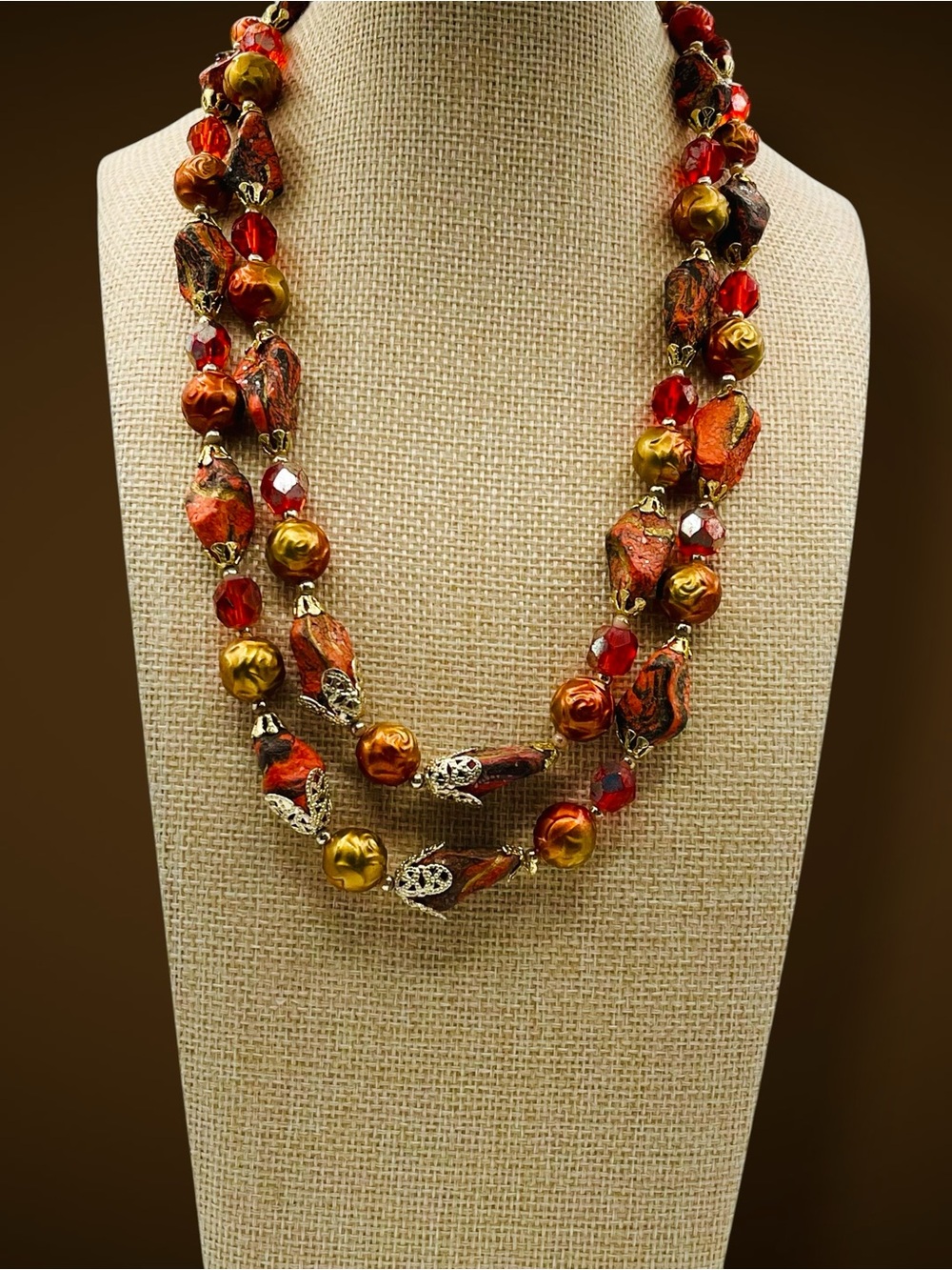 Vintage Double Strand Orange Stone Faceted Glass Resin Faux Pearl Necklace